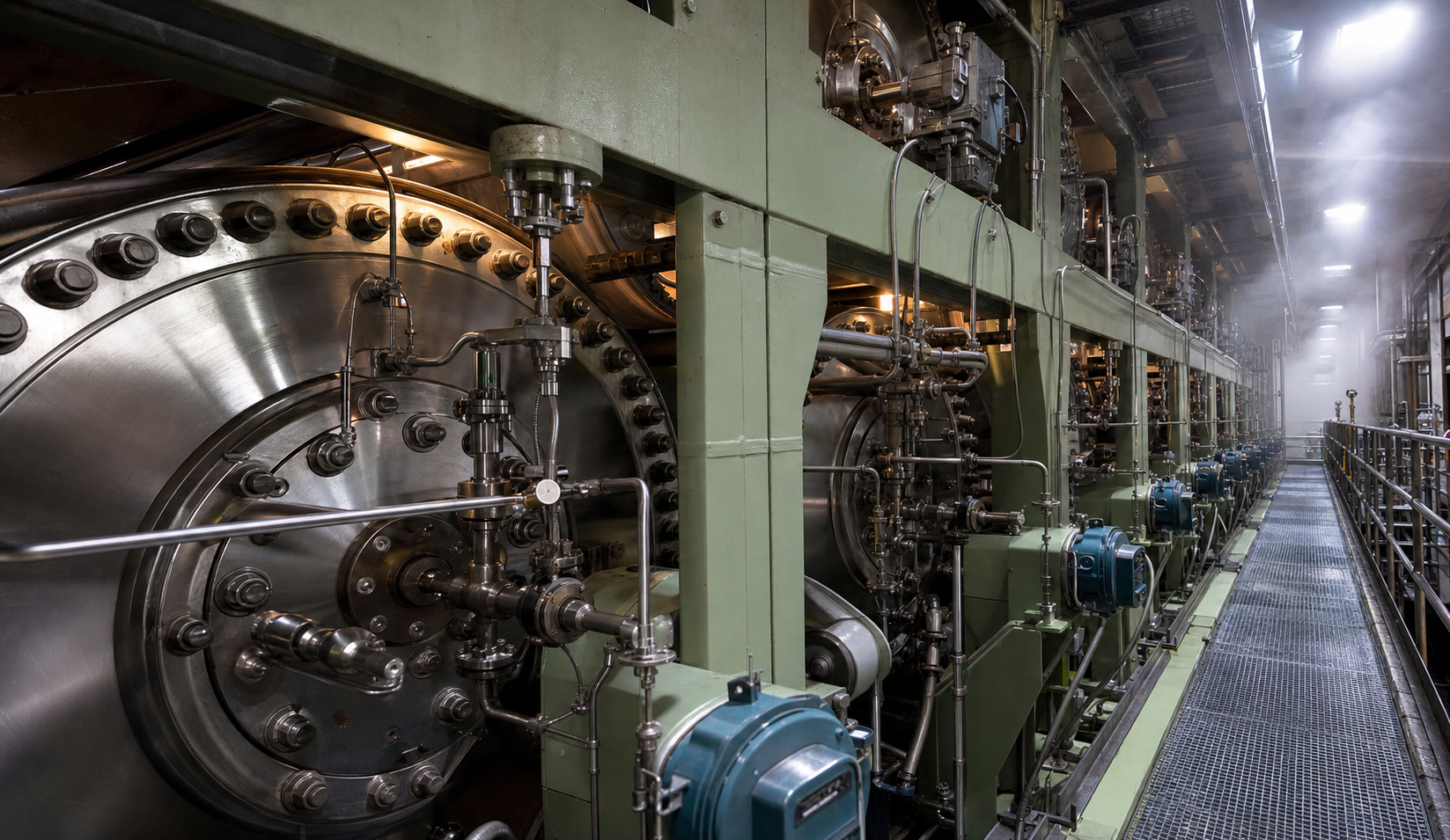 Paper machine dryer section viewed from the operator aisle — bolted end-head dryer cylinders stacked in two tiers with steam joints, condensate piping, and machine frame around them